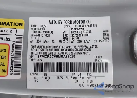 2021 Ford Bronco Sport Outer Banks из США, поврежденный, VIN 3FMCR9C65MRA32029